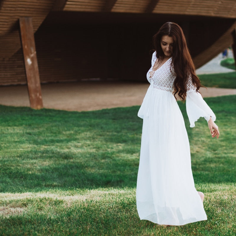 Long Sleeve White V-neck Dress